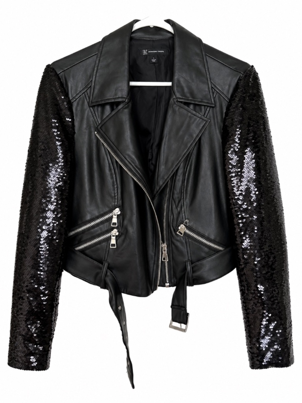 INC International Concepts Black Faux Leather Sequin Sleeve Moto Jacket L